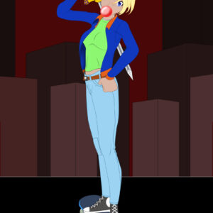 Young woman on a skateboard blowing bubblegum while toting a medieval broadsword.