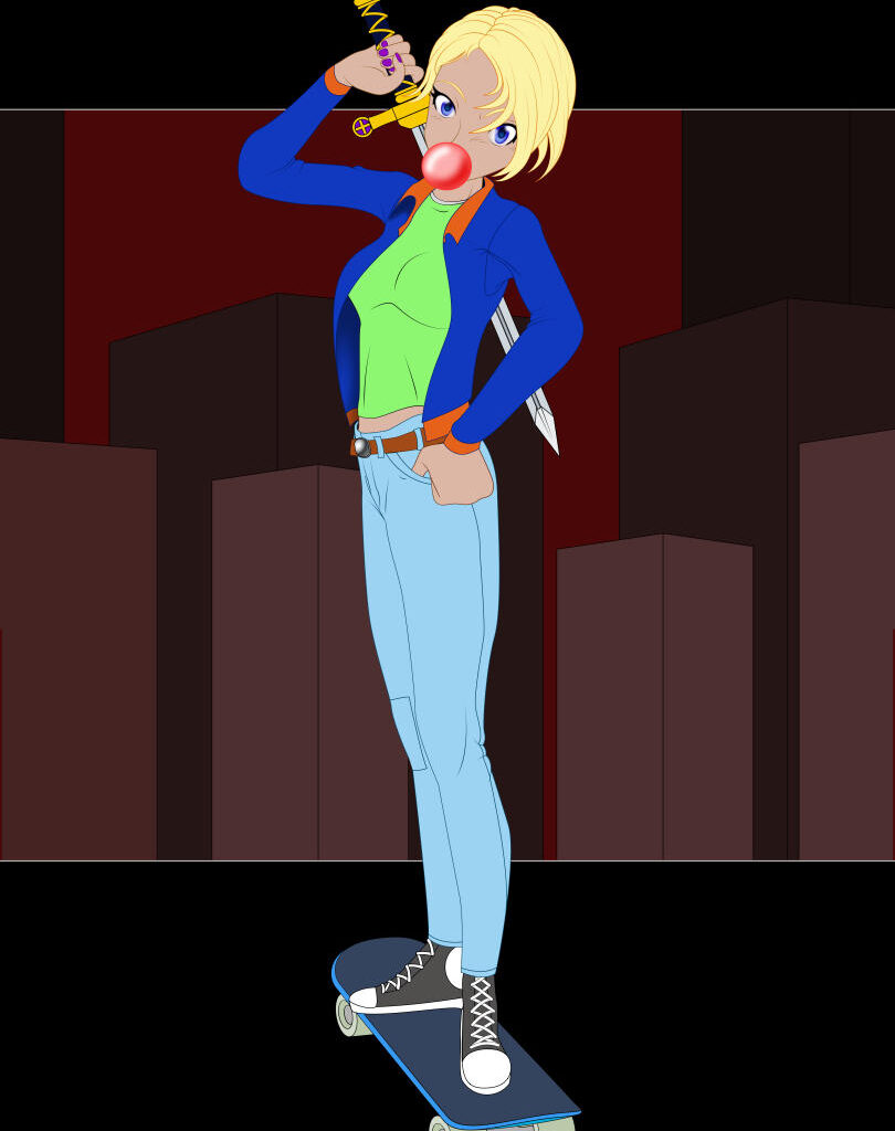 Young woman on a skateboard blowing bubblegum while toting a medieval broadsword.