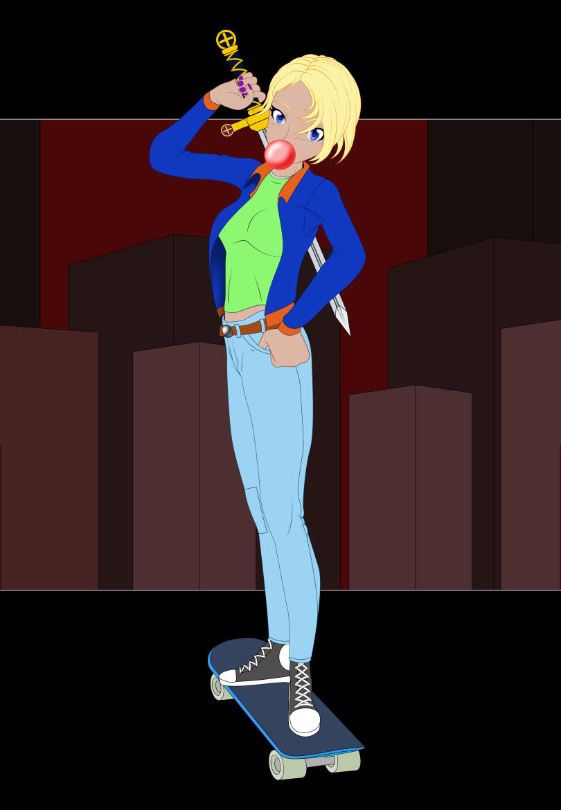 Young woman on a skateboard blowing bubblegum while toting a medieval broadsword.