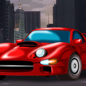 A painting of a red sportscar against a photo of a Chicago street.