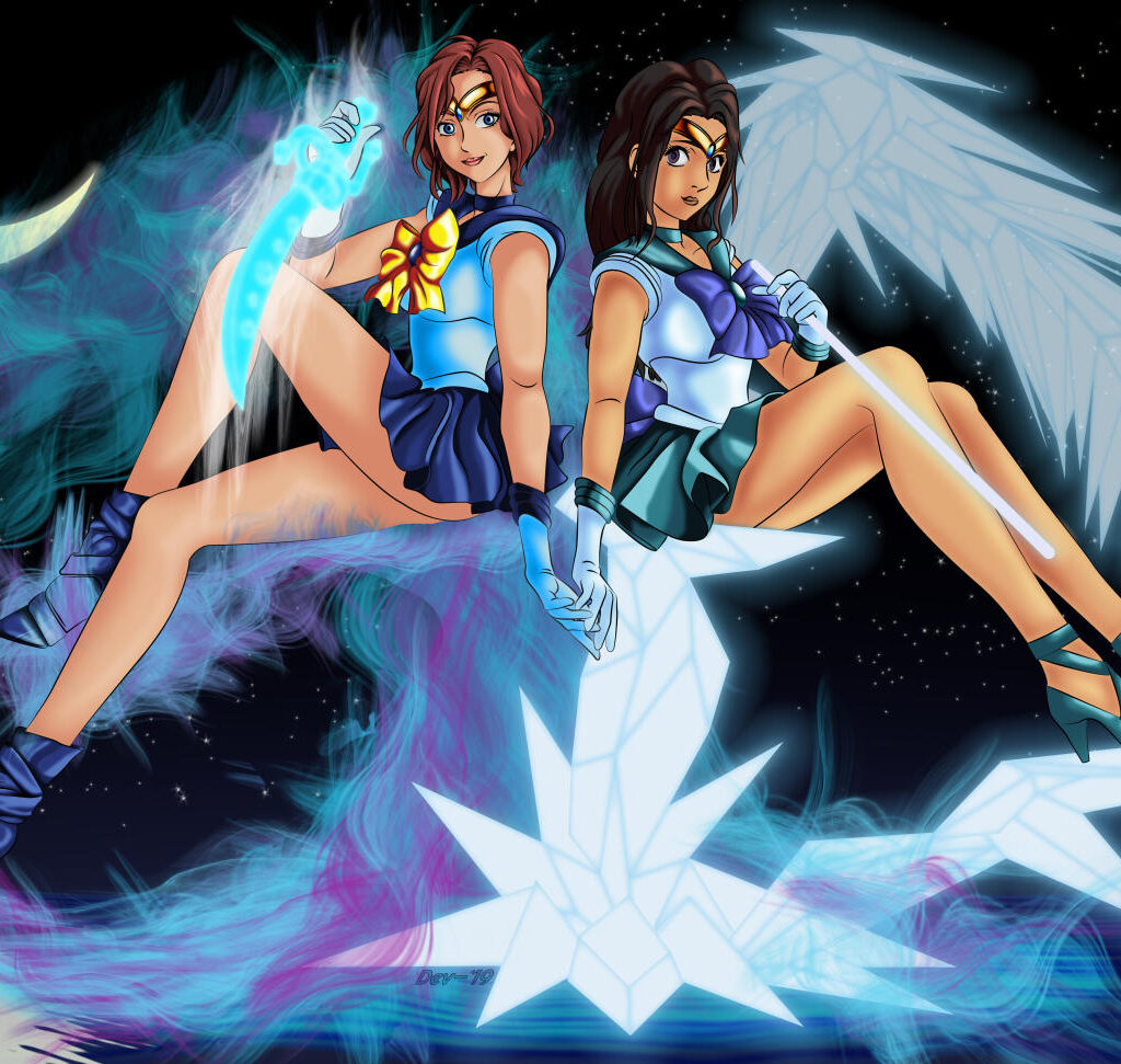Two women, dressed as Sailor Senshi sit atop a throne of crystal and blue-purple fire. They're holding hands and each has a sword of either crystal or fire.