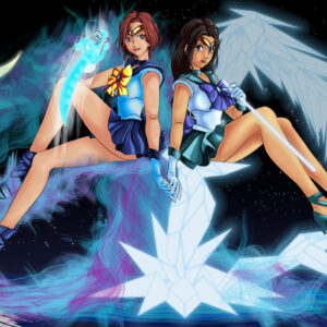 Two women, dressed as Sailor Senshi sit atop a throne of crystal and blue-purple fire. They're holding hands and each has a sword of either crystal or fire.
