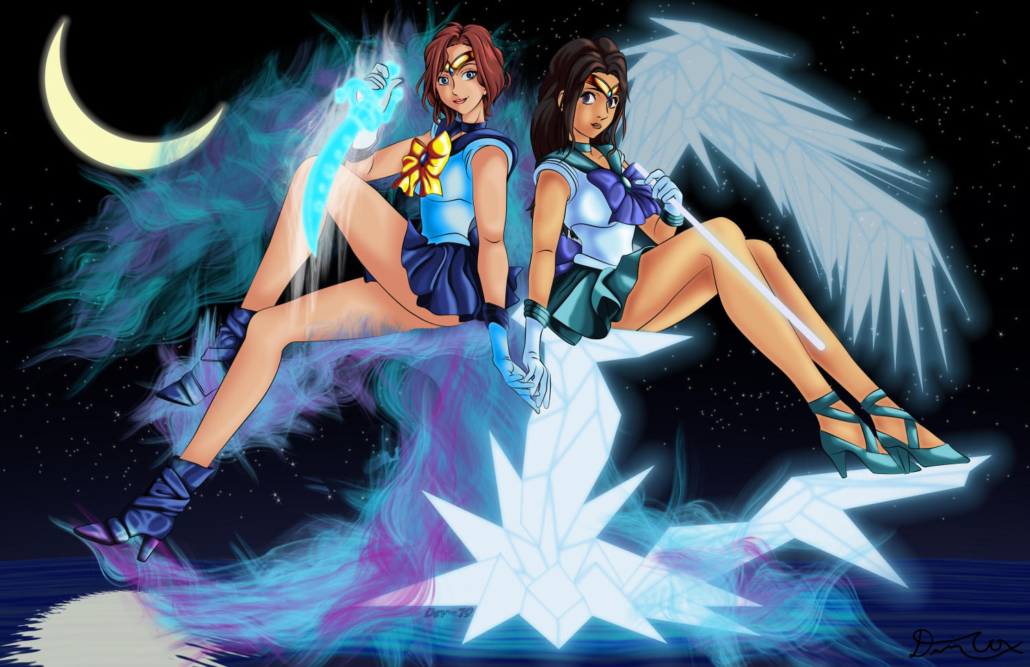 Two women, dressed as Sailor Senshi sit atop a throne of crystal and blue-purple fire. They're holding hands and each has a sword of either crystal or fire.